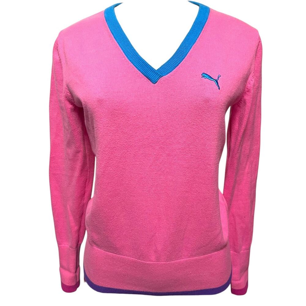 Medium Puma Womens Pink V-Neck Sweater Blue Purple Trim
